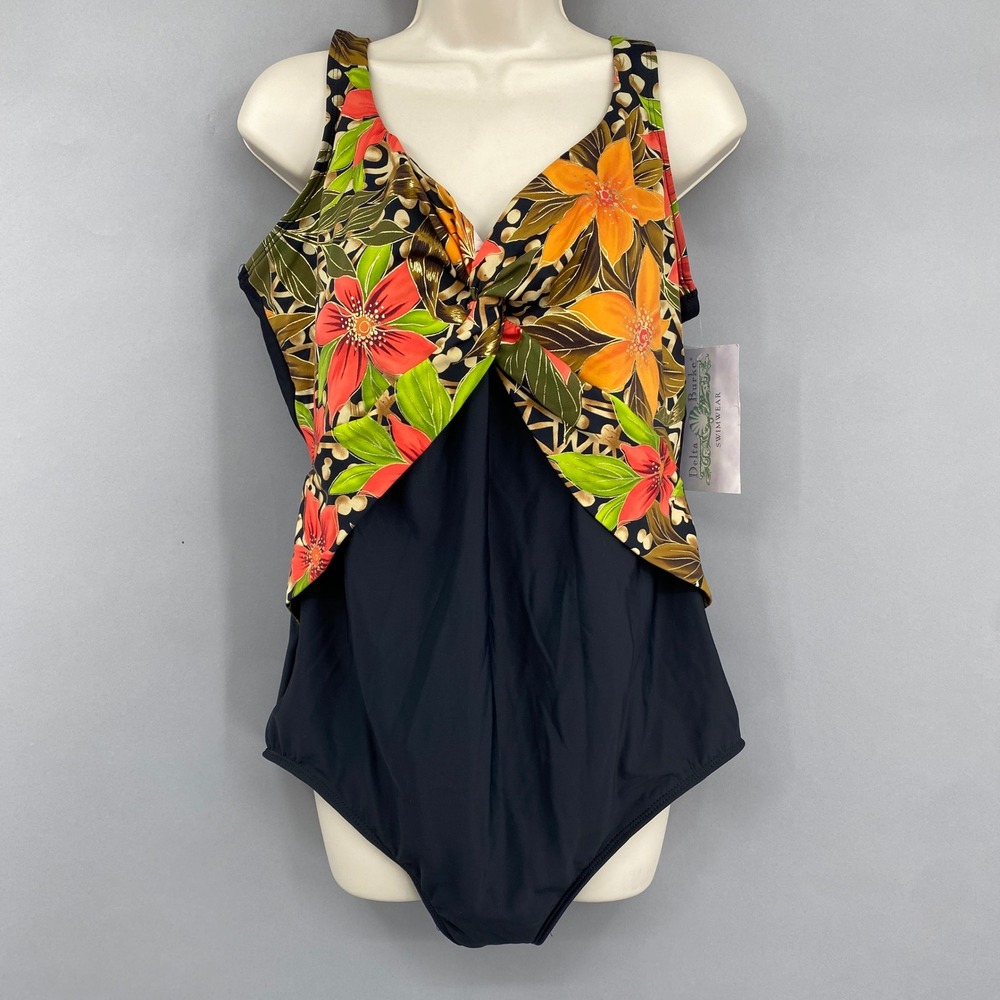 Vtg Delta Burke Tropical Floral One Piece‎ Swimsuit Womens 22W Black Twist Front